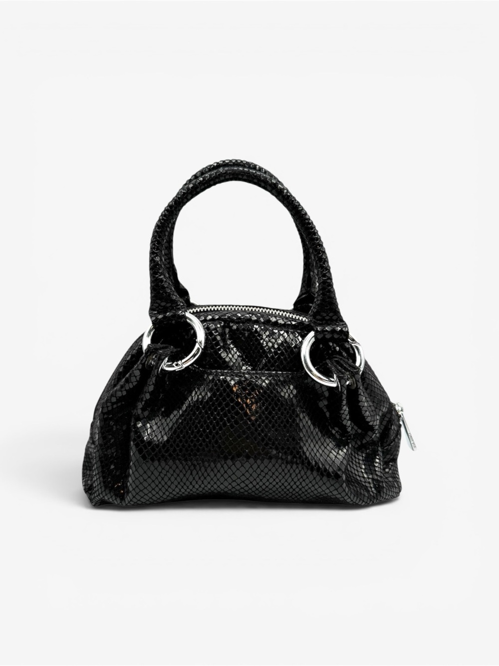 00s Snake Embossed Black Leather Mini Handbag Top Handle Y2K Bowler